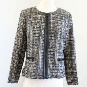 BANANA REPUBLIC 12P Boucle Tweed Zip Up Career Jacket Faux Leather Trim Zippers